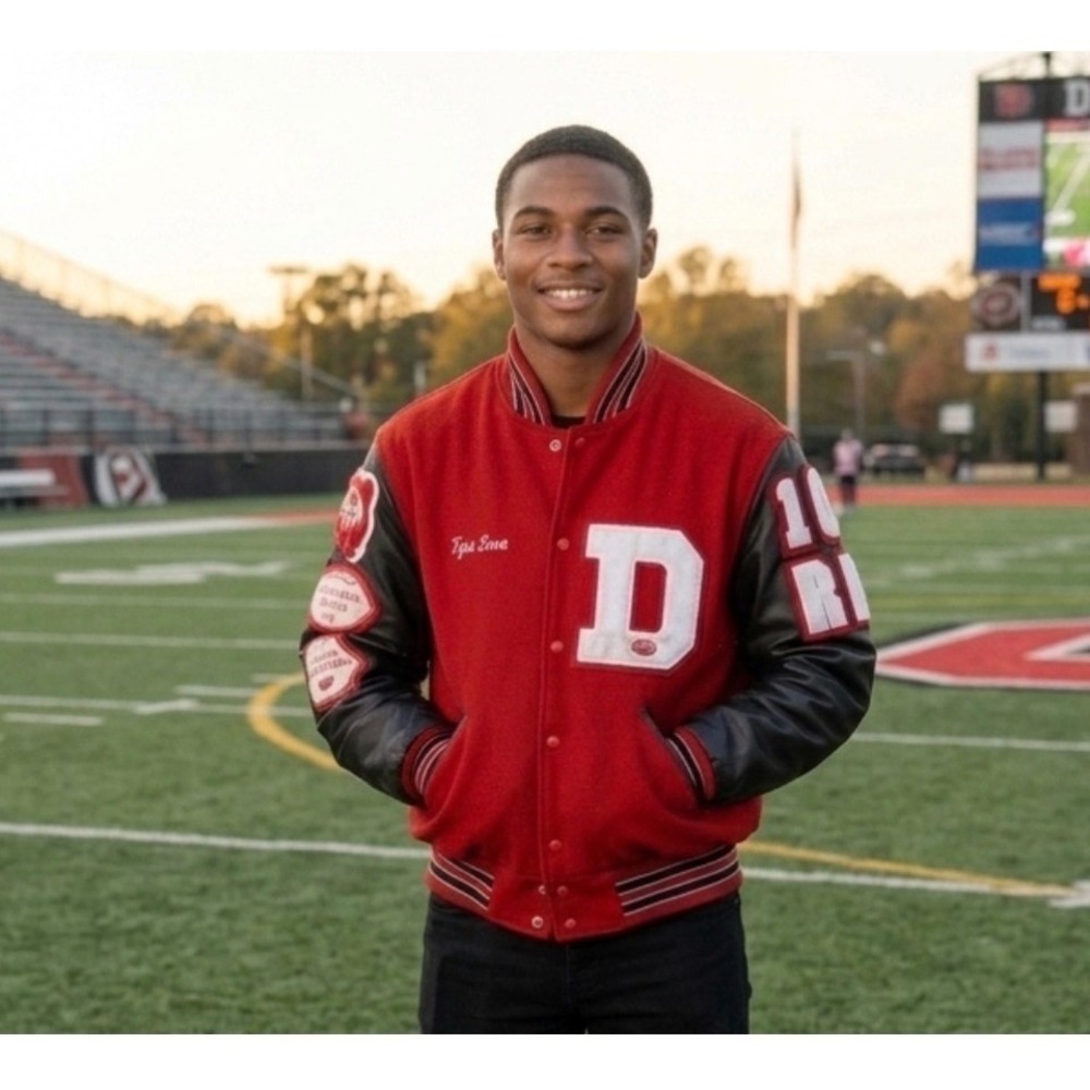 Omni Sports Mens Red Wool Varsity Letterman Jacket Black Vinyl Sleeves Large